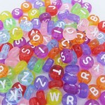 Bead mix, acrylic, mixed color with withe alphabet , 7x4mm double-sided flat round . Sold per bag of 500 grams