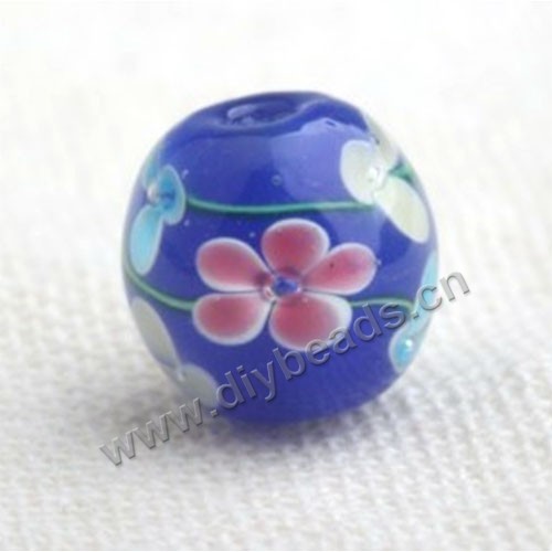 Bead,Japan lampworked glass,blue with flower, 12x12mm round.mini order 100pc 