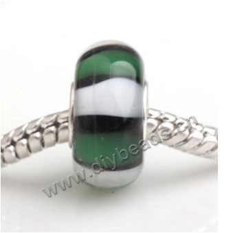 Bead, big-hole beads,Lampworked glass and silver-plated brass grommet,White with green streaks,14x7mm rondelle with 4.5 mm hole,sold per pkg of 50ps