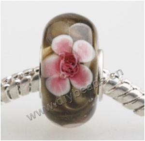Bead, big-hole beads,Lampworked glass and 925 sterling silver grommet,black with flower, 14x7mm rondelle with 4.5 mm hole,sold per pkg of 50ps