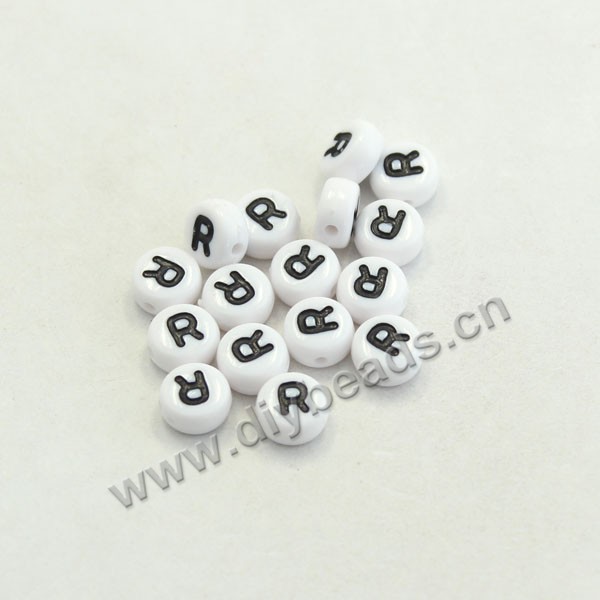 Bead mix, acrylic, white with black alphabet R, 7x4mm double-sided flat round with 1.2mm drill hole. Sold per pkg of 100ps