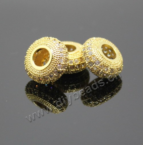 Bead,big-hole beads,gold plated copper,12x6mm rondelle with cz stone,Sold per pkg of 5ps