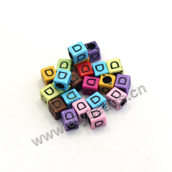 Bead, acrylic,mixed color,alphabet is D, 6x6mm cube with 3mm drill hole. Sold per pkg of 100ps