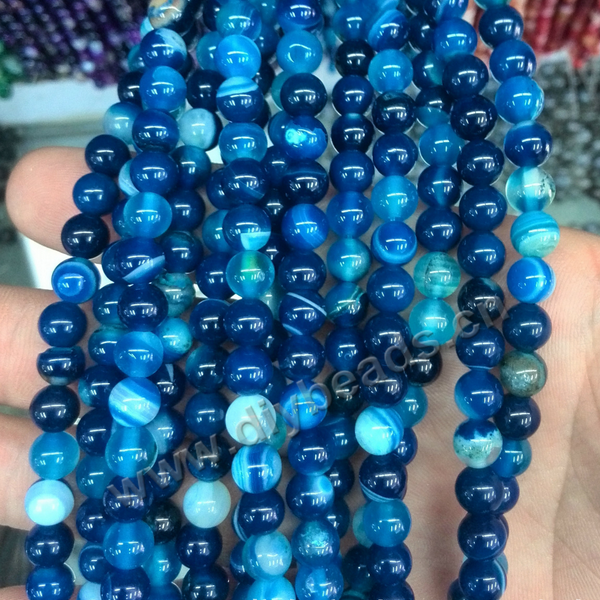 Bead, blue striped agate,4mm-----20mm ,round ,Sold per pkg of one strands