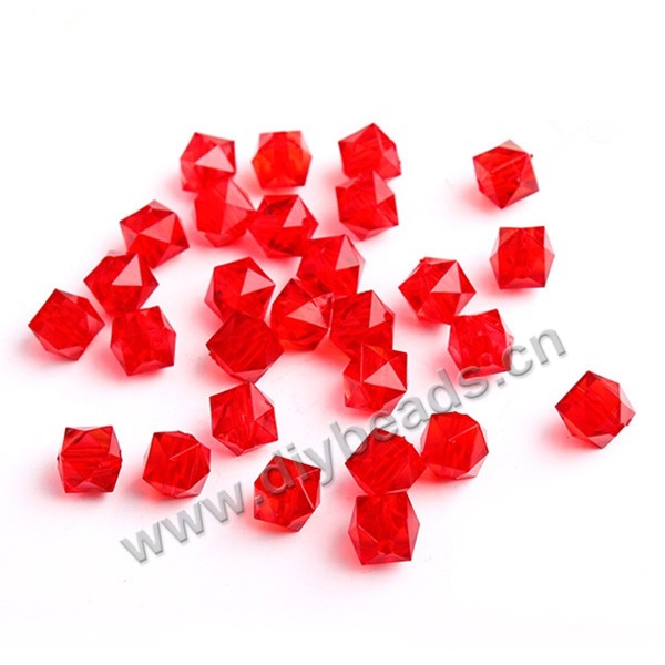 Bead, acrylic, red, transparent, 10mm faceted cube. Sold per 100-gram pkg.