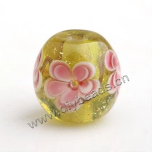 Bead,Japan lampworked glass,yellow with flower, 14x14mm round.mini order 100pc 