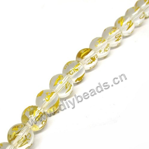 Bead,clear quartz crystal,14mm round with hot stamping om mani padme hum prayer beads. Sold per 16-inch strand