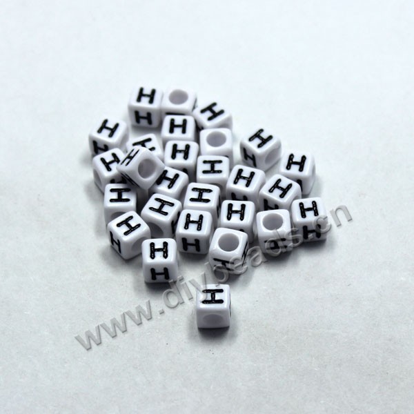 Bead, acrylic,White,alphabet is H, 6x6mm cube with 3.5mm drill hole. Sold per pkg of 100ps