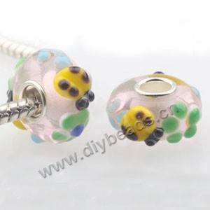 Bead, big-hole beads,lampworked glass and brass grommet,pink/yellow/green, 8x14mm rondelle with ladybug design, 4.5mm hole. Sold per pkg of 2