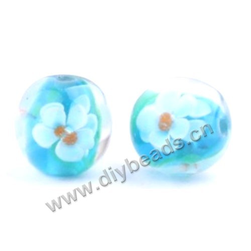 Bead, lampworked glass,blue with flower, 16x16mm round.mini order 50pc 