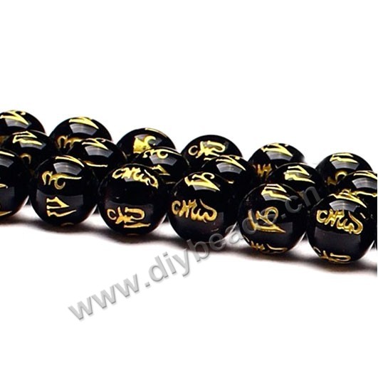 Bead,black agate (H/D), 10mm round with hot stamping for buddhist prayer beads. Sold per 15-inch strand.