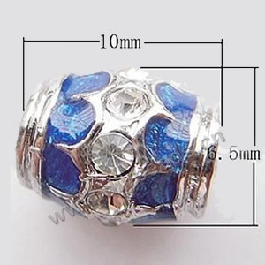 Bead, big-hole beads,silver-plated pewter and enameled , blue, 10x6.5mm drum with rhinestone, 5.5mm hole. Sold per pkg of 10ps