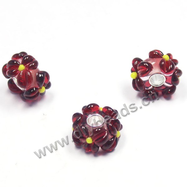 Bead,big-hole beads ,lampworked glass with silver-finished brass,16x10m rondelle,red,mini order 5pcs