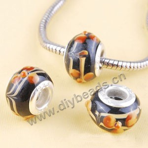 Bead,big-hole beads ,lampworked glass with silver-finished brass,opaque black/red,9x13mm rondelle with flower,4.5mm hole,sold per pkg of 10ps