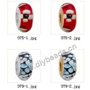 Bead,big-hole beads ,lampworked glass with silver-finished brass grommets,mixed colors and designs,6x12mm-8x14mm rondelle ,4mm spiral hole,sold per pkg of 10ps