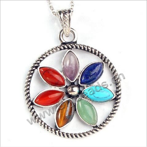 Pendant,Natural gemstone alloy pendant, seven chakra stone flower crystal pendant,Sold per pkg of 10pcs