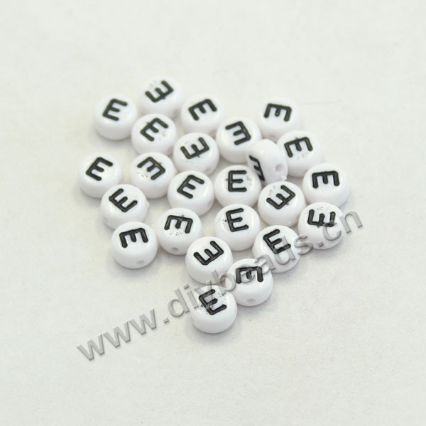 Bead mix, acrylic, white with black alphabet E, 7x4mm double-sided flat round with 1.2mm drill hole. Sold per pkg of 100ps