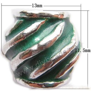 Bead, big-hole beads,silver-plated pewter and enameled , green, 11.5x13mm fancy cylinder, 5mm hole. Sold per pkg of 10ps