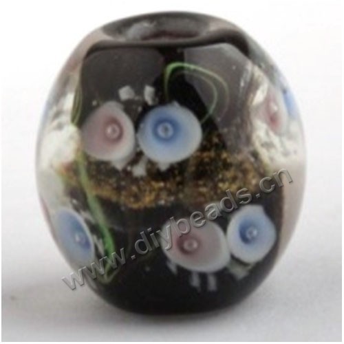 Bead, lampworked glass,black with flower, 20x20mm round.mini order 50pc 