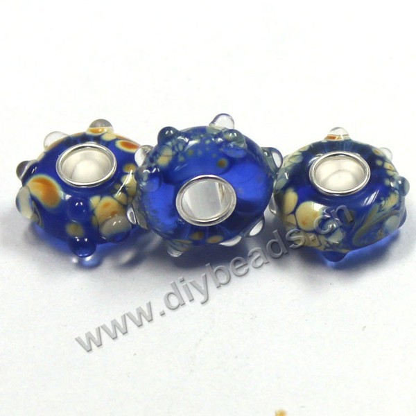 Bead,big-hole beads ,blue,lampworked glass with silver-finished brass,14x8m rondelle bump flower,mini order 50pcs