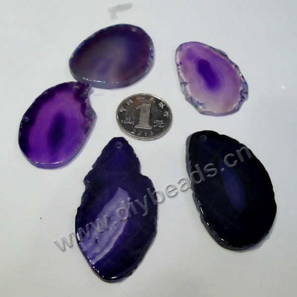 Pendant, natural agate slice (dyed), approx 30*50 mm, purple, Sold per pkg of 5 pcs.