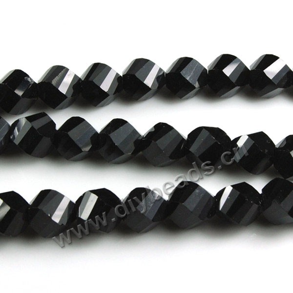 Bead, glass, black, 8mm faceted twist round, sold per pkg 5 strands-72pcs/strand.