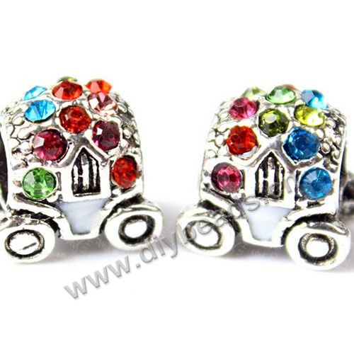 Bead,big-hole beads,alloy with crystal,mini car,13x11mm. Sold per pkg of 50ps