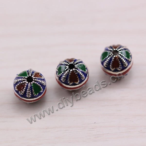Enamel Bead, 925 Thai silver, round, 9mm, 2mm hole, multicolored, Sold per pkg of 1 bag-5 pieces.