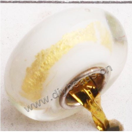 Bead, big-hole beads,Lampworked glass and silver-plated brass grommet,white with gold, 14x7mm rondelle with 4.5 mm hole,sold per pkg of 50ps
