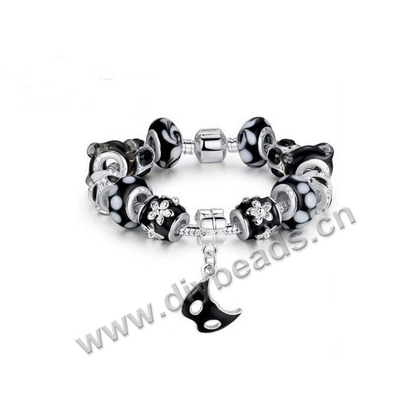 Bracelet, Lampwork Glass beads with silver chain, black,20cm, 40grams. Sold pkg of 10pcs.