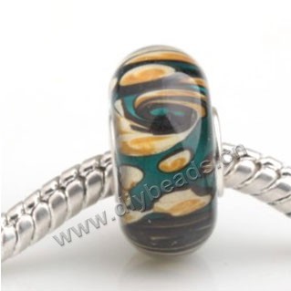 Bead, big-hole beads,Lampworked glass and silver-plated brass grommet,green with flower,14x7mm rondelle with 4.5 mm hole,sold per pkg of 50ps