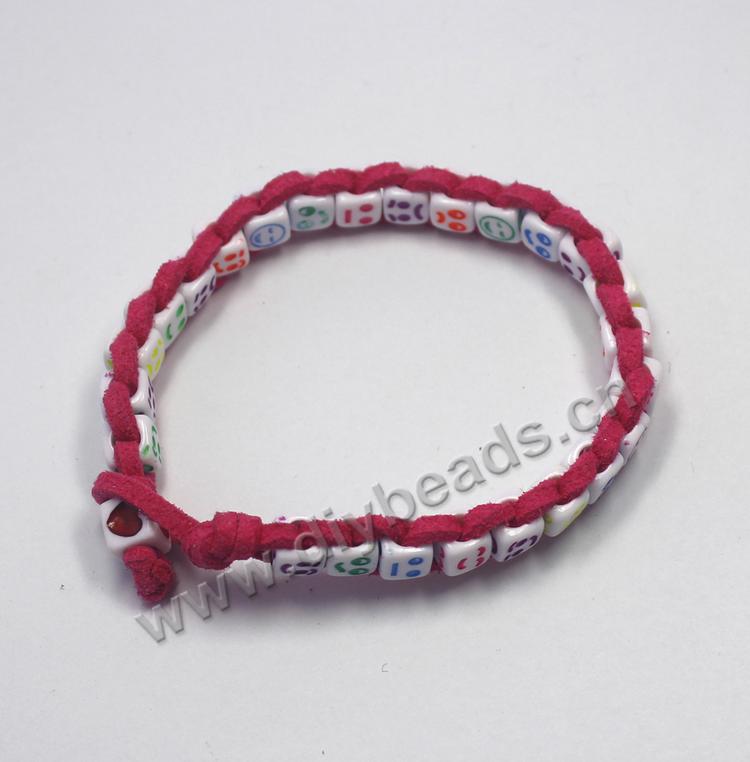 Bracelet, faux suede cord, Smiley Acrylic beads braided bracelet, colorful color, Sold per pkg of 10pcs.