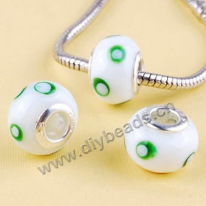 Bead,big-hole beads ,lampworked glass with silver-finished brass ,white/green,10x14mm rondelle with dots,5mm hole,sold per pkg of 10ps