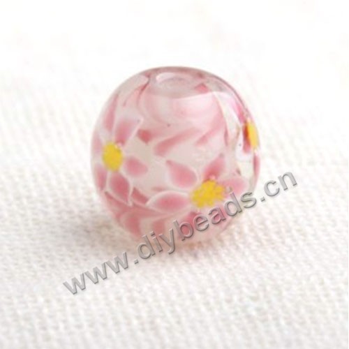Bead,Japan lampworked glass,pink with fower, 14x14mm round.mini order 100pc 