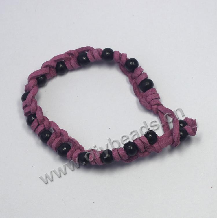Bracelet, faux suede cord, and acrylic round beads braided bracelet, red color, Sold per pkg of 10pcs. 