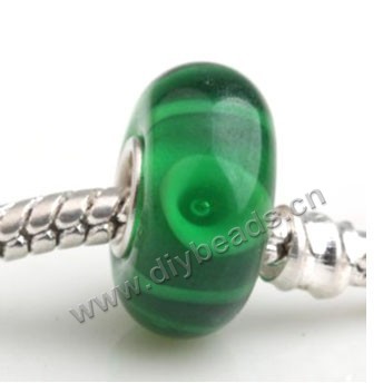Bead, big-hole beads,Lampworked glass and silver-plated brass grommet,green ,14x7mm rondelle with 4.5 mm hole,sold per pkg of 50ps