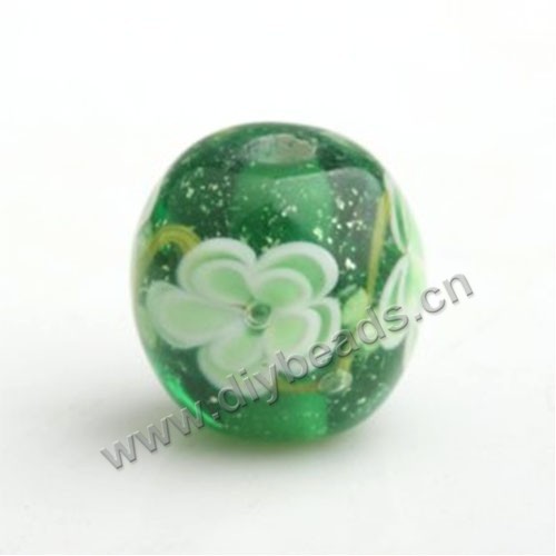 Bead,Japan lampworked glass,green with flower, 14x14mm round.mini order 100pc 