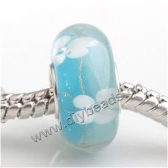 Bead, big-hole beads,Lampworked glass and 925 sterling silver grommet,blue with flower, 14x7mm rondelle with 4.5 mm hole,sold per pkg of 50ps