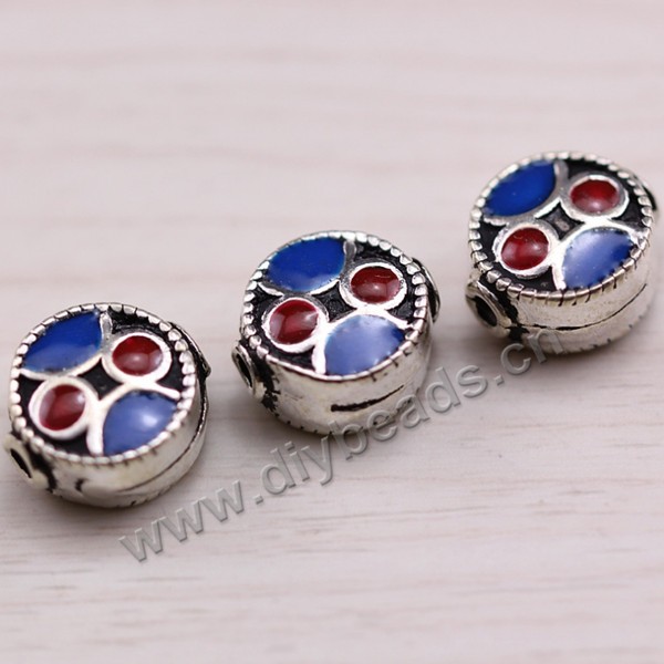 Enamel Bead, 925 Thai silver, flat round, 10*5mm, 2mm hole, multicolored, Sold per pkg of 1 bag-(3 pieces).