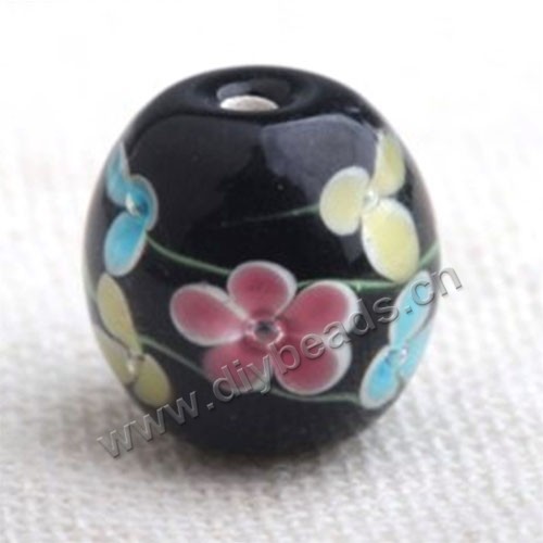 Bead,Japan lampworked glass,black with flower, 16x16mm round.mini order 100pc 