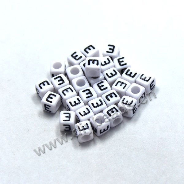 Bead, acrylic,White,alphabet is E, 6x6mm cube with 3.5mm drill hole. Sold per pkg of 100ps