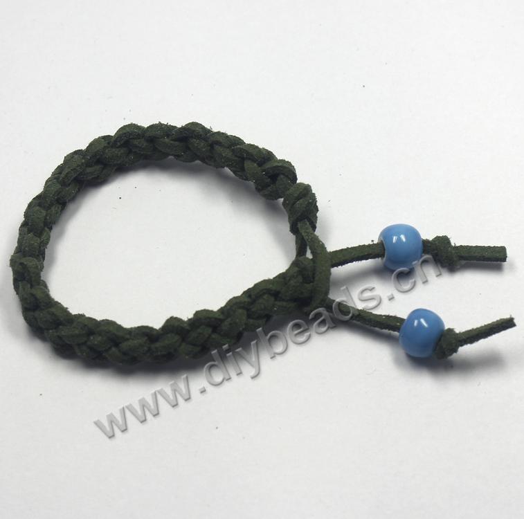 Bracelet, faux suede cord, braided bracelet, green cord and porcelain beads, Sold per pkg of 30pcs.