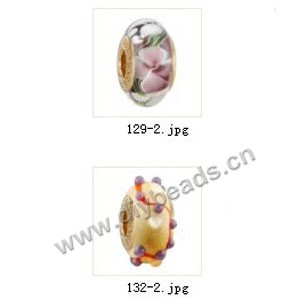 Bead,big-hole beads ,lampworked glass with silver-finished brass grommets,mixed colors and designs,6x12mm-8x14mm rondelle ,4mm spiral hole,sold per pkg of 10ps