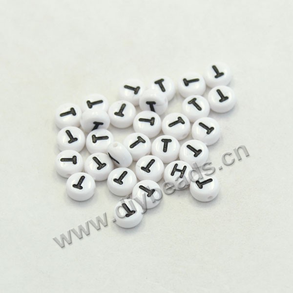 Bead mix, acrylic, white with black alphabet T, 7x4mm double-sided flat round with 1.2mm drill hole. Sold per pkg of 100ps