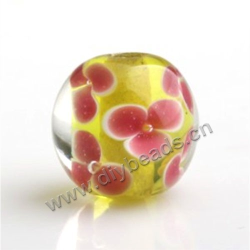 Bead,Japan lampworked glass,yellow with flower, 14x14mm round.mini order 100pc 