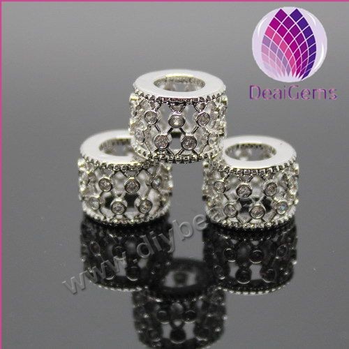 Bead,big-hole beads,silver plated copper,12x8mm rondelle with cz stone,Sold per pkg of 5ps