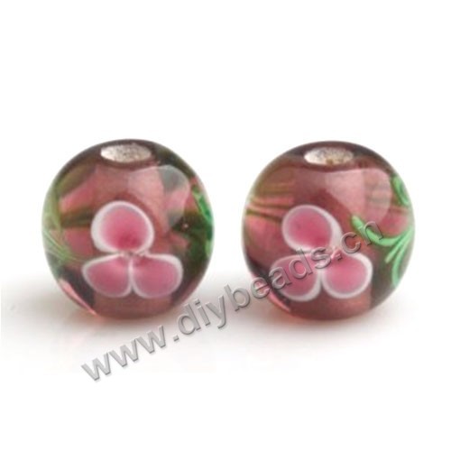 Bead,Japan lampworked glass,red with flower, 10x10mm round.mini order 100pc 