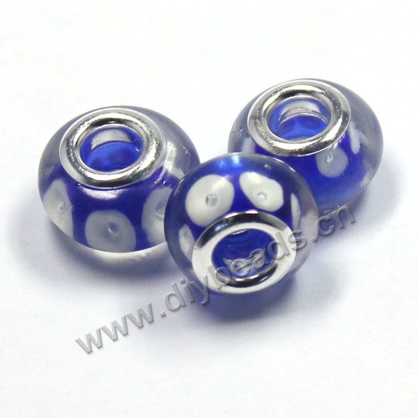 Bead,big-hole beads ,lampworked glass with silver-finished brass,14x9m rondelle ,Blue, mini order 200pcs