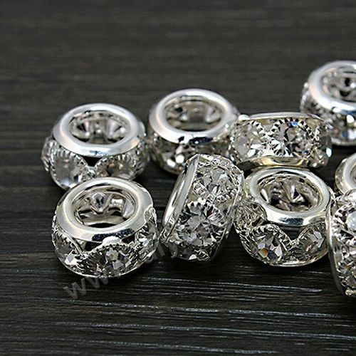 alloy Bead,alloy with cz stone, 8x15mm rondelle,9mm hole,Sold per pkg of 50 pieces.