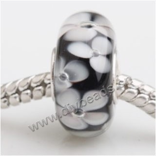 Bead, big-hole beads,Lampworked glass and silver-plated brass grommet,black with flower,14x7mm rondelle with 4.5 mm hole,sold per pkg of 50ps